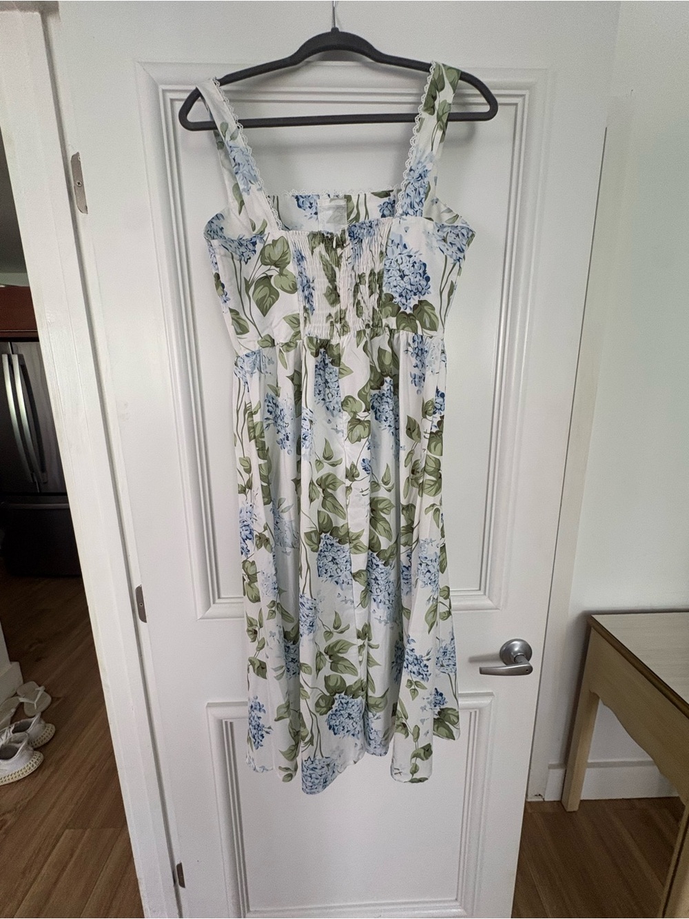 White Midi Sundress with Blue Floral Print and Green Leaves